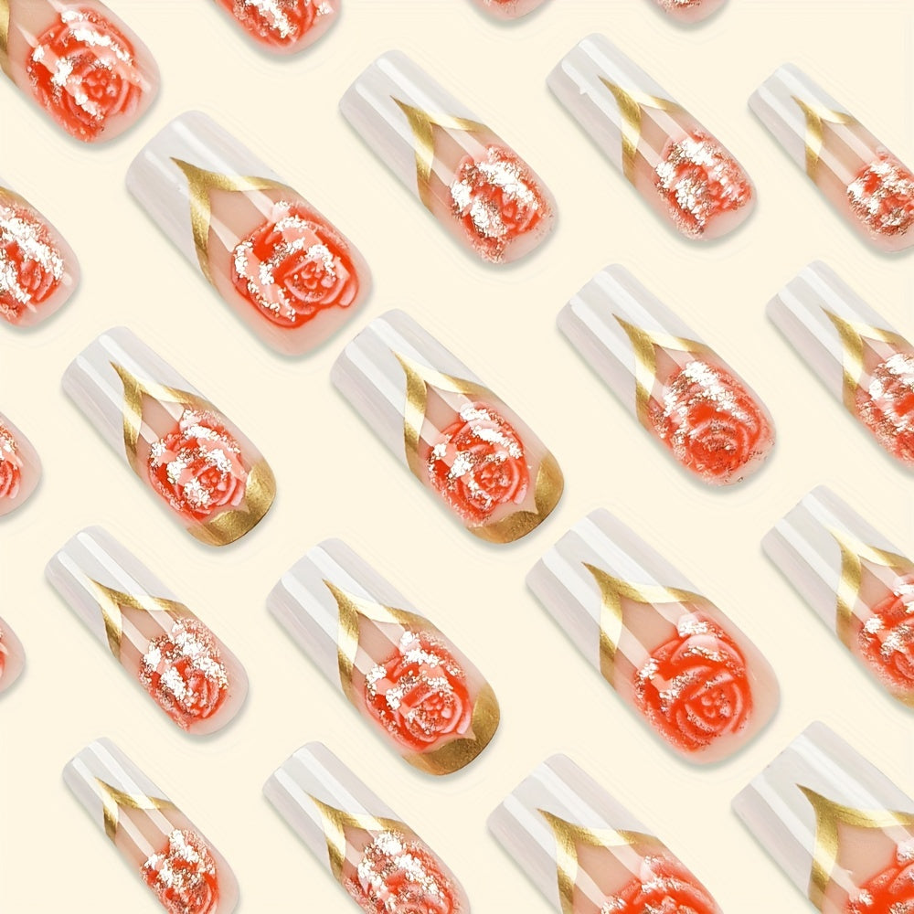 48pcs Bright Ballet Wind Pressure Acrylic Nails, Pink Flowers And Golden Stripe Design-Reusable, Ladies' Shiny Fake Nails Is Suitable As a Beautiful Gift for Each Other on Valentine'S Day.